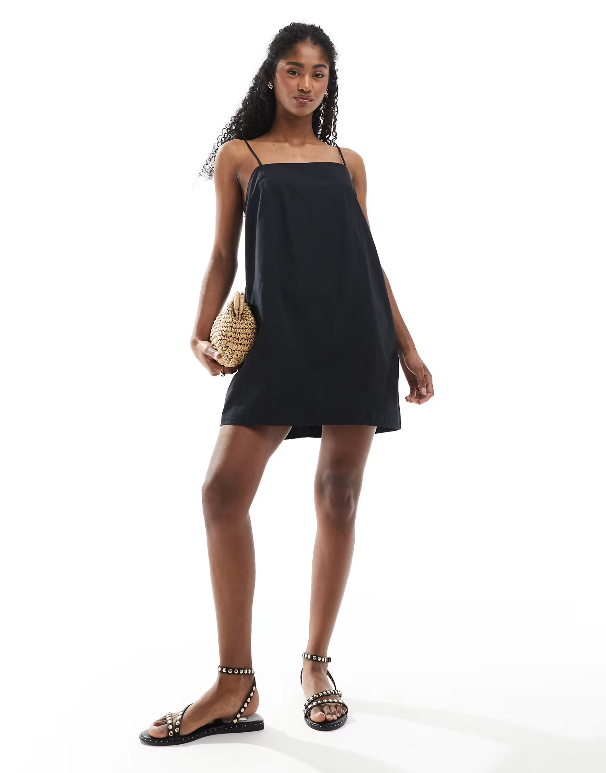 Monki cotton poplin mini dress with tie straps in black | ASOS (Global)