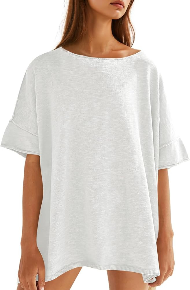 Tankaneo Women's Oversized T Shirts Casual Summer Crew Neck Loose Dropped Short Sleeve Side Slit ... | Amazon (US)