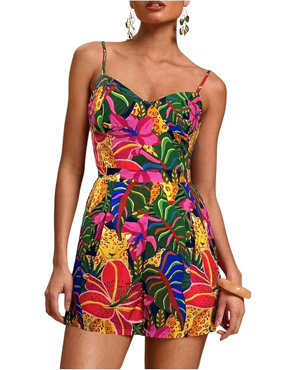 Floerns Women's Tropical Print Cami Rompers Sleeveless Boho Shorts Jumpsuit | Amazon (US)