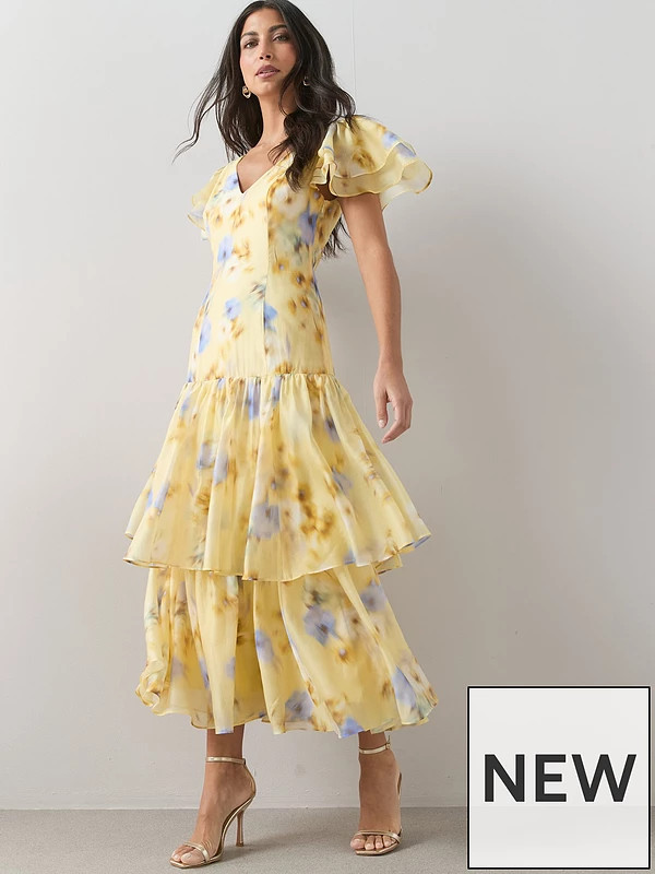 The Very Collection Floral Ruffle Tiered Midi Dress - Print | Very (UK)