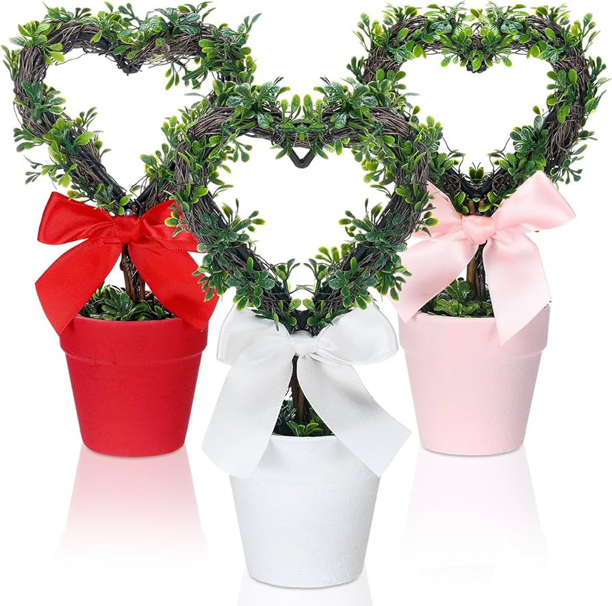 3 Pcs Valentines Day Artificial Heart Topiary Plant with Pot 8 Small Fake Trees Valentines Day De... | Amazon (US)