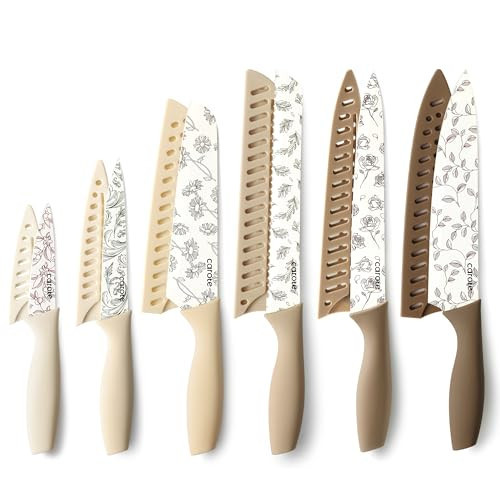 CAROTE 12PCS Knife Set, Kitchen Knife Set with 6 Blade Guards, Stainless Steel Knives Set With Nonstick Ceramic Coating, Rustproof, Delicate Floral Designs, White | Amazon (US)