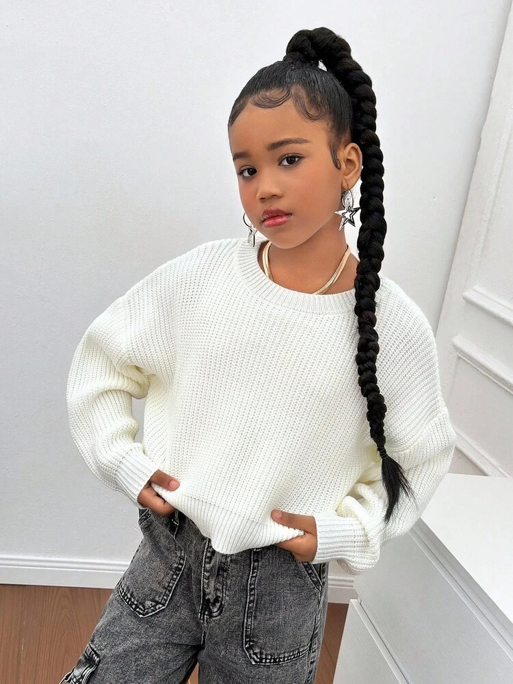 SHEIN Tween Girl Casual Textured Loose Fit Crew Neck Long Sleeve Sweater,In Fall/Winter | SHEIN