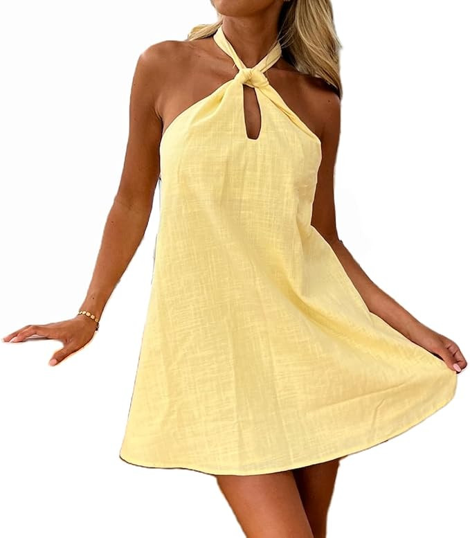 Women Y2K Halter Mini Dress Summer Boho Floral Print A-line Sleeveless Backless Beach Vacation Dr... | Amazon (US)