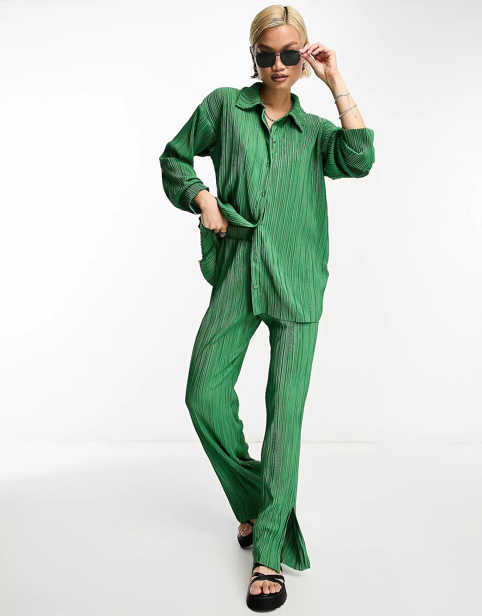 Only exclusive plisse shirt in green - part of a set | ASOS (Global)