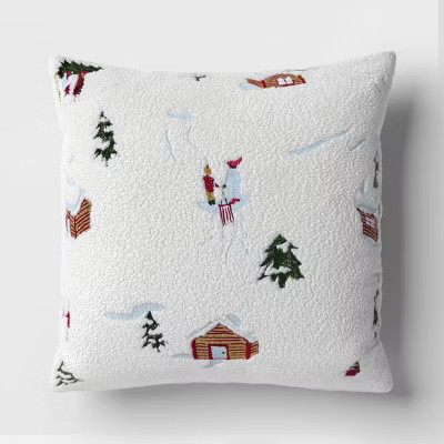 Embroidered Winter Scene Faux Shearling Throw Pillow White - Threshold™ | Target