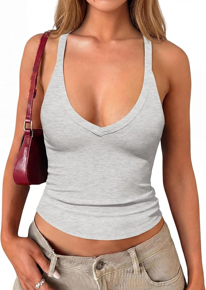Darong Women's V Neck Tank Tops with Built-in Bra Racerback Basic Summer Camisole Ribbed Slim Fit... | Amazon (US)