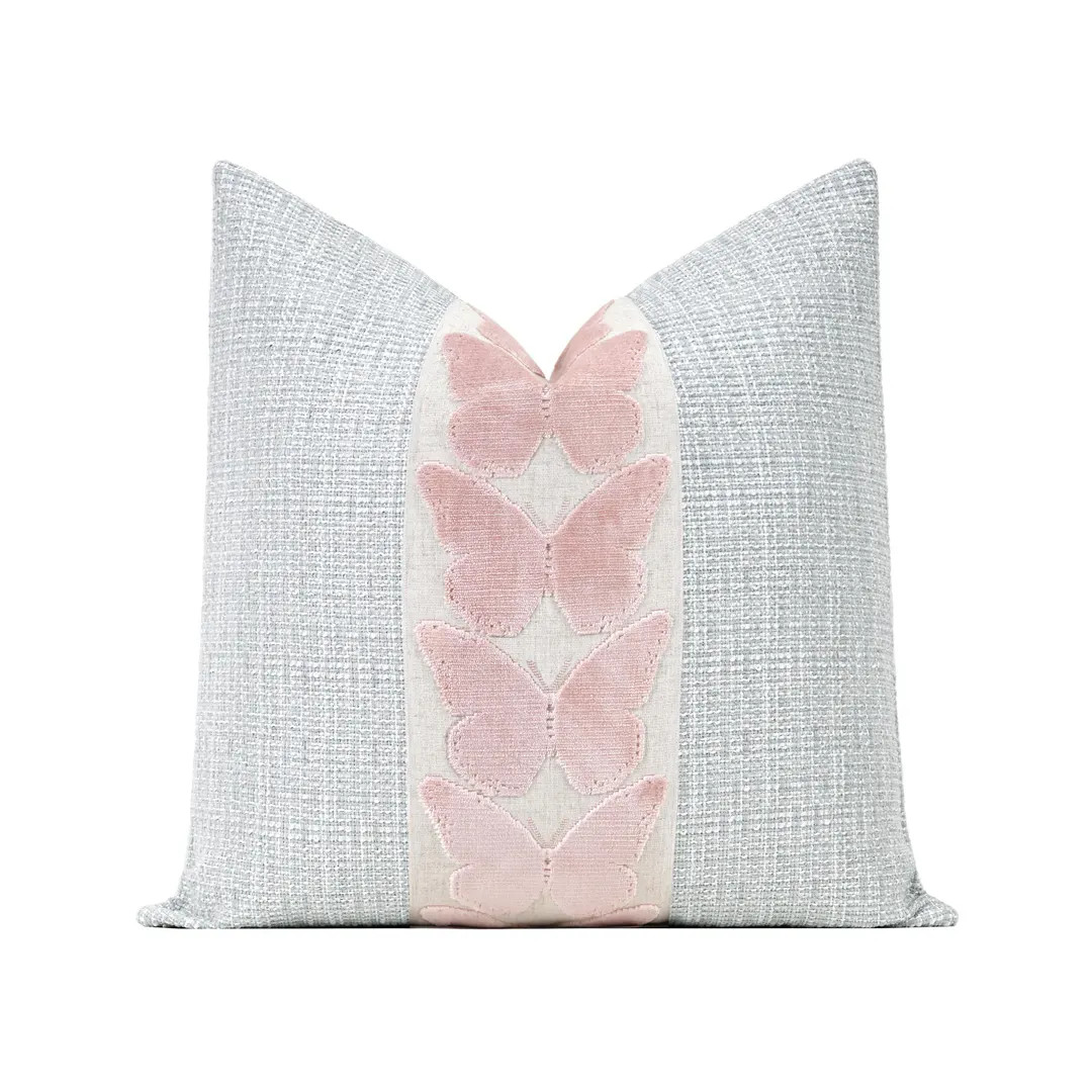 Signature Tweed : Spa Blue Throw Pillow Cover With Large Ballet Pink Butterfly Trim | Designer Tr... | Etsy (Global)