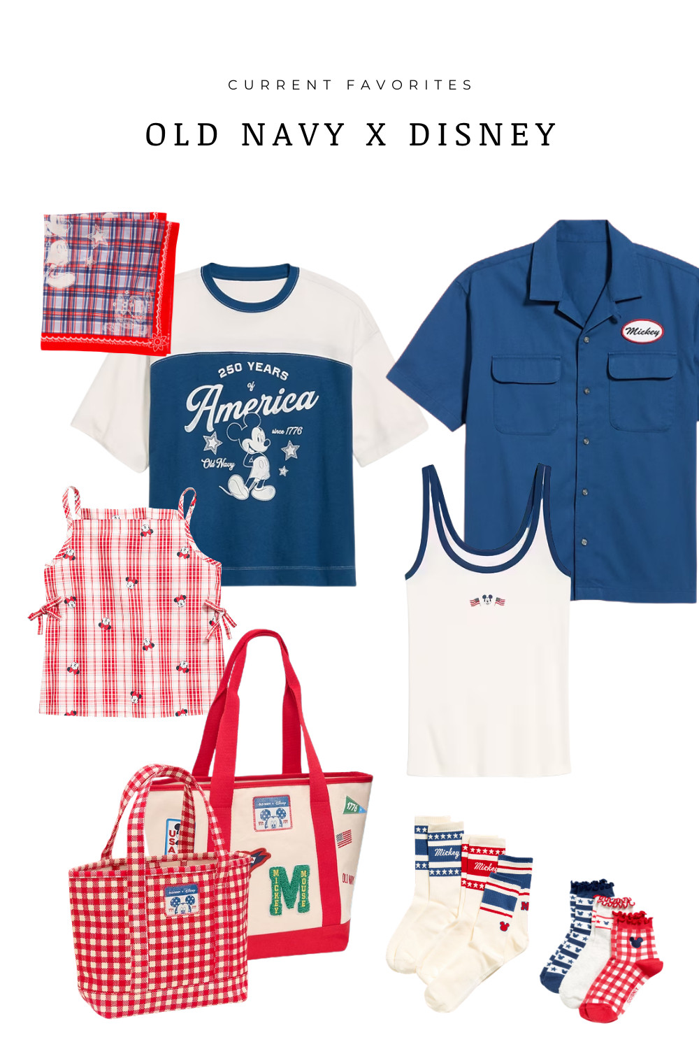 Old Navy x Disney patriotic outfit ideas featuring red, white, and blue Mickey styles. Classic Americana graphics, gingham prints, and easy summer pieces perfect for Disney parks, 4th of July outfits, and family vacations. Shop these coordinated looks for women, men, and kids.