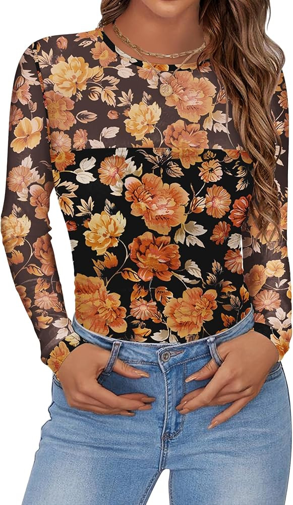 Zeagoo Long Sleeve Shirts for Women Sheer Mesh Sexy Blouses Fall Fashion Crewneck Going Out Tops | Amazon (US)