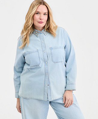 Trendy Plus Size Embellished Collar Denim Shirt, Macy's Exclusive | Macy's