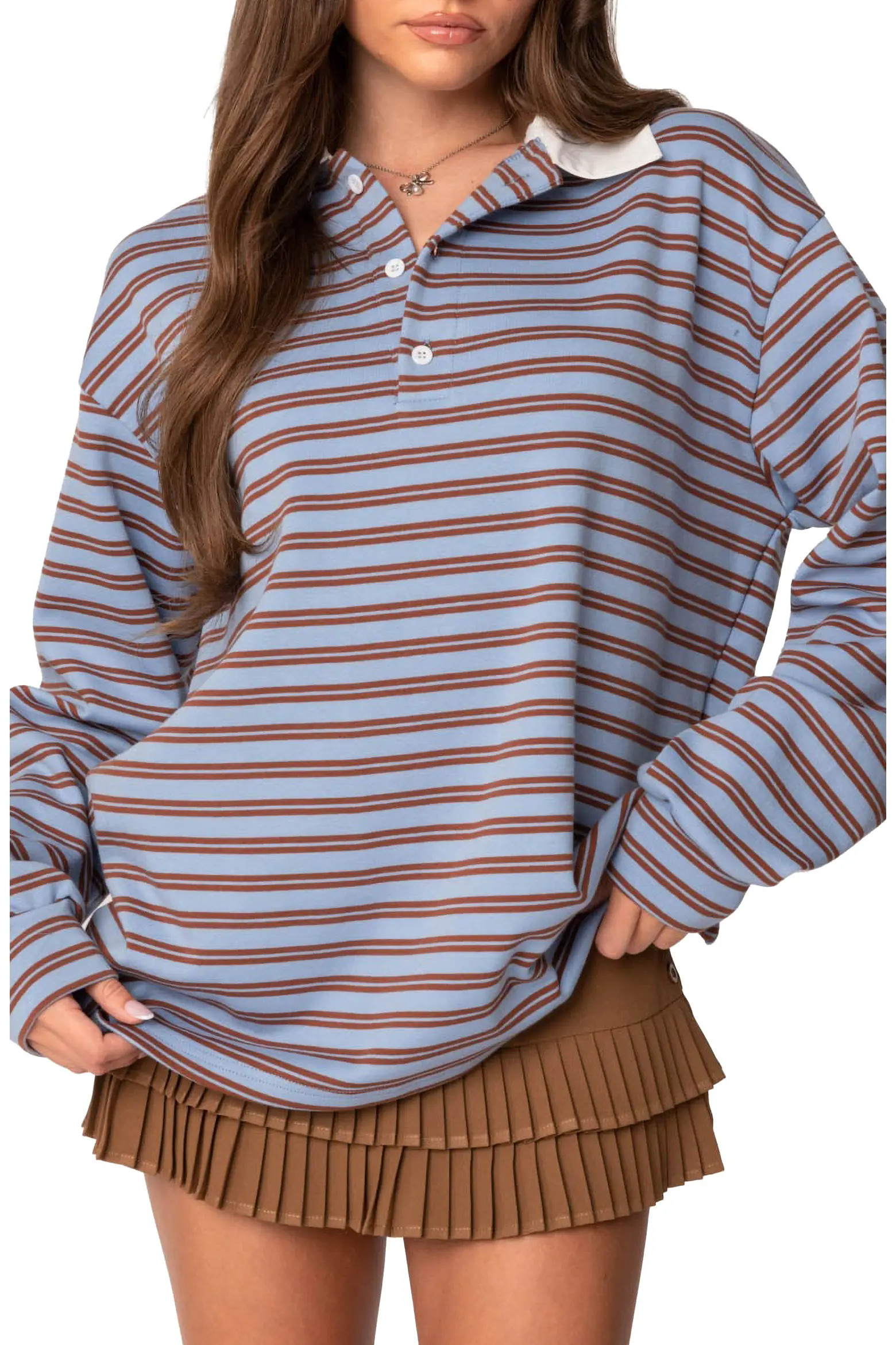 EDIKTED Stripe Long Sleeve Oversize Polo (Women) | Nordstrom | Nordstrom