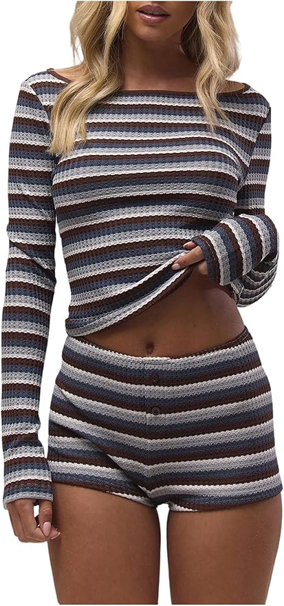 SOLY HUX Women's Long Sleeve Striped T Shirts Boat Neck Slim Fit Tees Going Out Crop Top | Amazon (US)