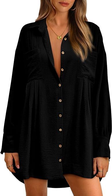 BTFBM Women's Long Sleeve Shirt Dresses Spring Summer V Neck Pleated Flowy Loose Casual Button Do... | Amazon (US)