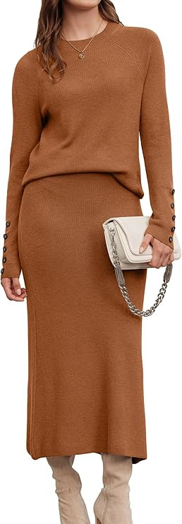Arach&Cloz Women's Wool Blend Sweater 2 Piece Sets Fall Business Lounge Long Sleeve Top Midi Dres... | Amazon (US)