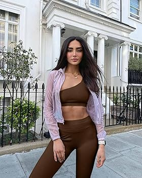 OQQ Workout Outfits for Women 2 Piece Ribbed Yoga High Waist Leggings With One Shoulder Sports Br... | Amazon (US)