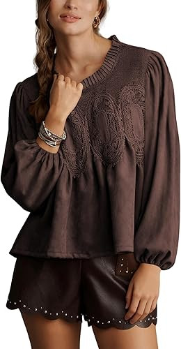 Lentta Women's Lace-Detail Suede Flared Blouse Long Sleeve Crew Neck Swing Babydoll Tops Elegant ... | Amazon (US)