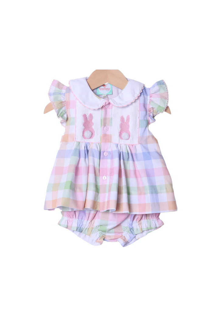 Smocked Pink Bunny Pastel Plaid Bloomer Set | The Smocked Flamingo