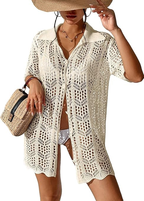 GORGLITTER Women's Crochet Swimsuit Coverups Dress Button Down Short Sleeve Beach Vacation Summer... | Amazon (US)