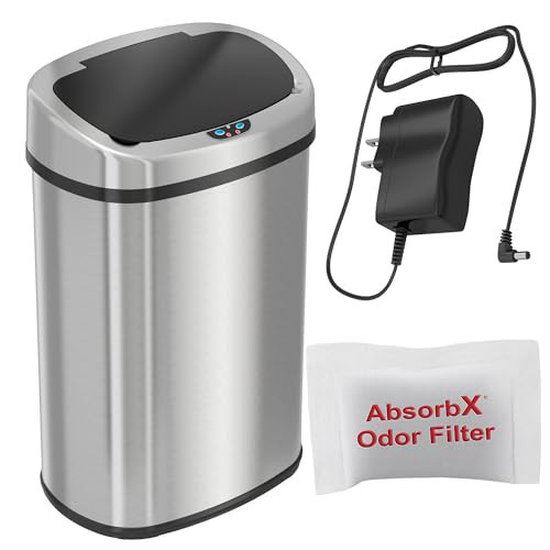 SensorCan 50 Liter / 13 Gallon Kitchen Trash Can with AC Adapter & Odor Filter Kit – Motion Sensor Stainless Steel Garbage Bin for Home, Office, Garage – Slim Oval Shape, Large Capacity Design | Amazon (US)