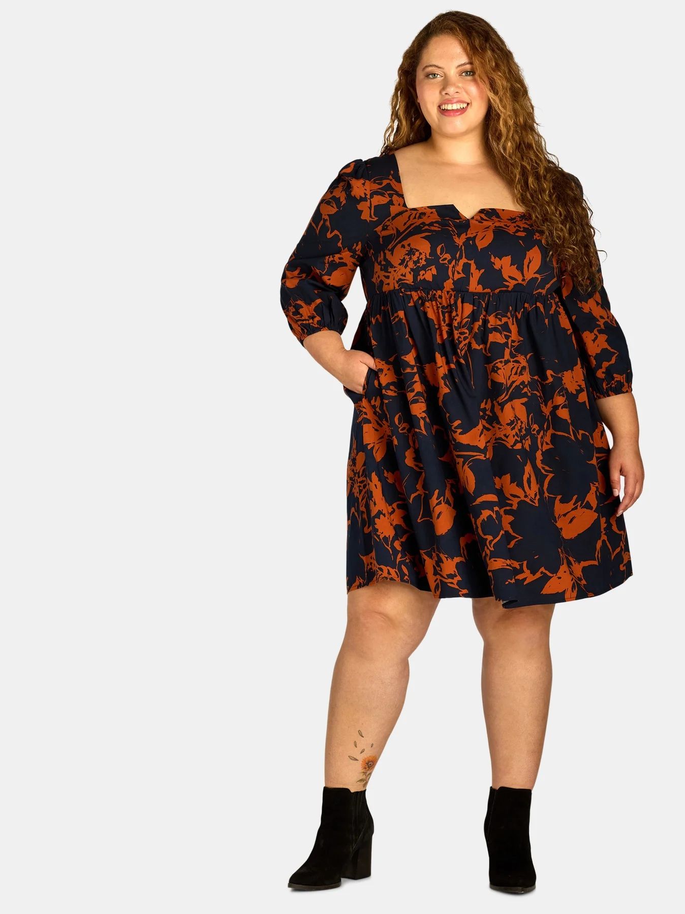 Terra & Sky Women's Plus Size Sweetheart Neckline Mini Dress with 3/4-Length Sleeves, 0X-4X - Wal... | Walmart (US)