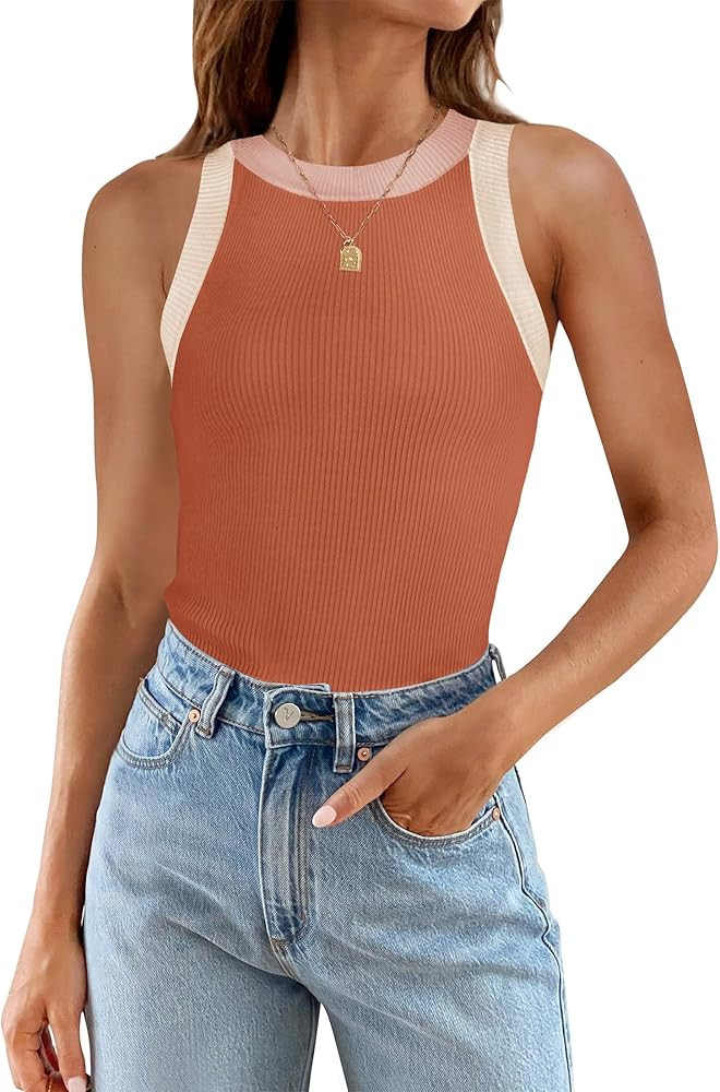 ZESICA Womens 2024 Summer Sleeveless Tank Tops Ribbed High Neck Racerback Slim Fitted Color Block... | Amazon (US)