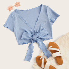 Blue Tie Front Crop Top | SHEIN