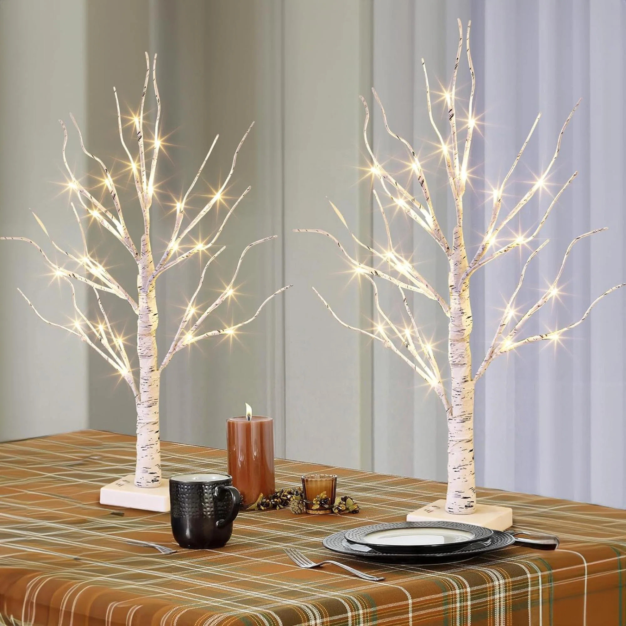 Ophelia & Co. Lighted Birch Tree For Christmas Decor, Table Decorations Indoor, 2Pack 24 LED Batt... | Wayfair North America