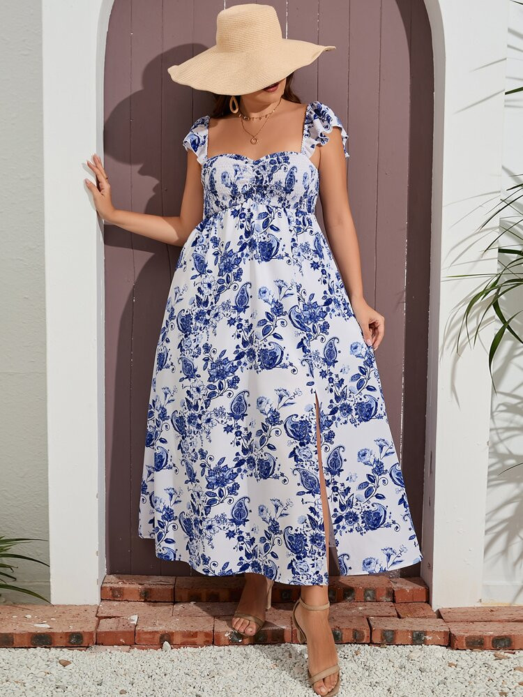 Plus Floral Print Shirred Split Thigh Dress | SHEIN