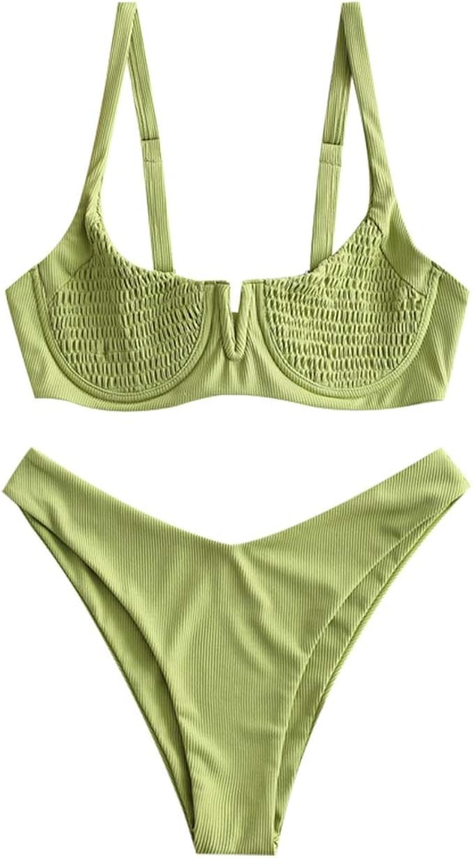 ZAFUL Women's Smocked Tie Shoulder Bikini Set Shirred Underwire Two Pieces Swimsuit | Amazon (US)
