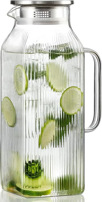 2 Liter/68 oz Square Glass Pitcher with Lid, Classic Stripes Water Pitchers with Handle for Fridg... | Amazon (US)