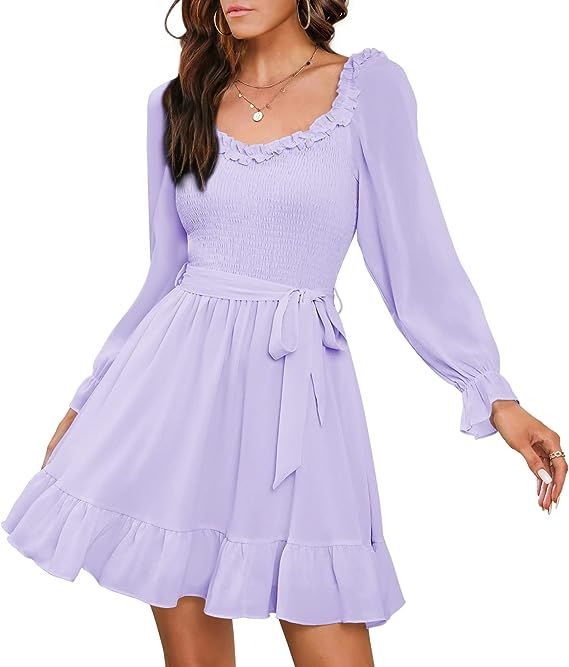 EXLURA Womens Summer Casual Long Puff Sleeve V-Neck Mini Dress Smocked Ruffle Sweetheart Neckline... | Amazon (US)