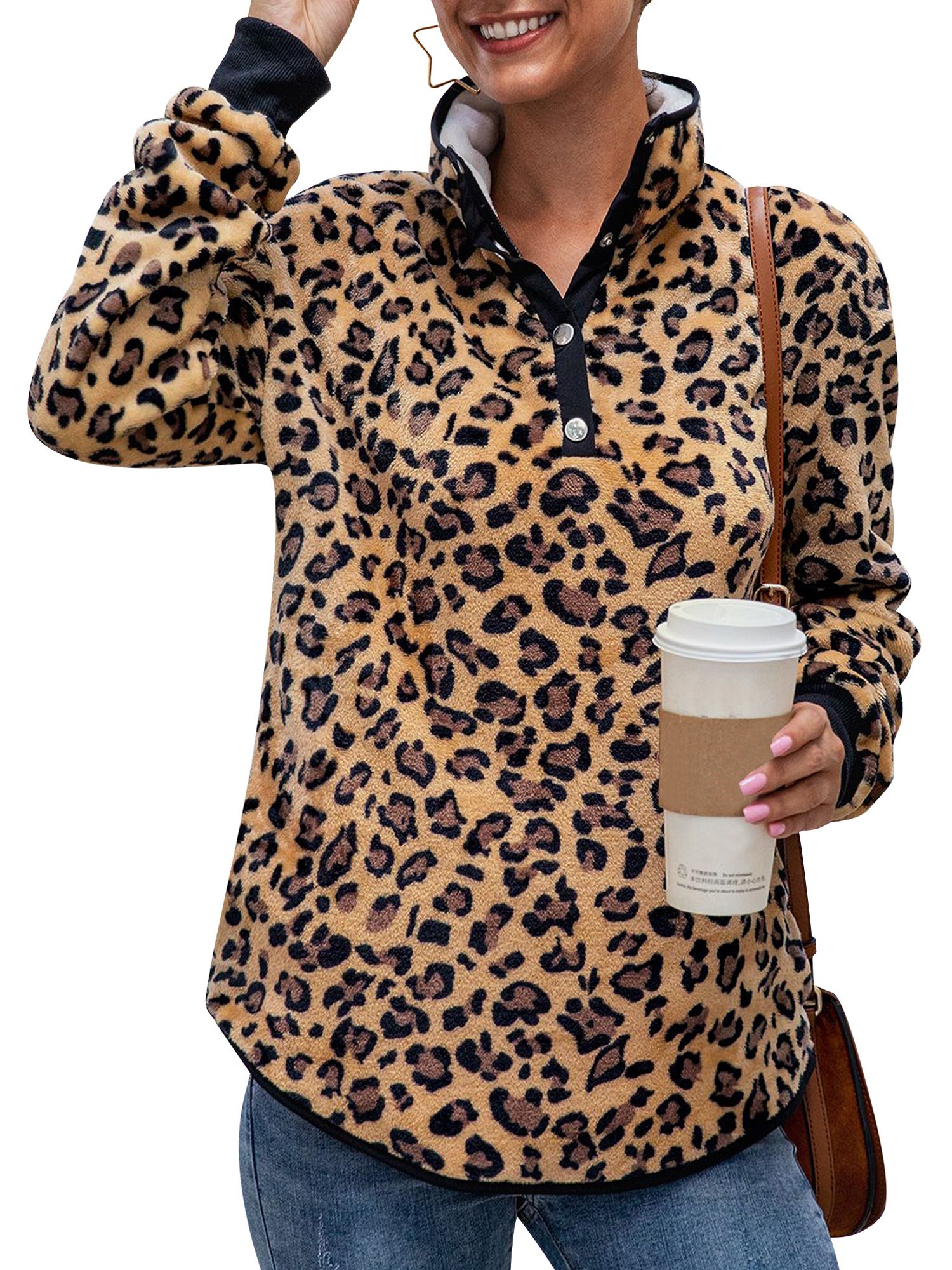 Women Leopard Print 1/3 Buttons Fleece Sweatshirt | Walmart (US)