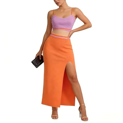 Denis Lora 2 Piece Skirt Sets for Women Summer Cami Crop Top High Side Slit Bodycon Knitted 2 Piece Dress Sweater Outfits Set | Amazon (US)