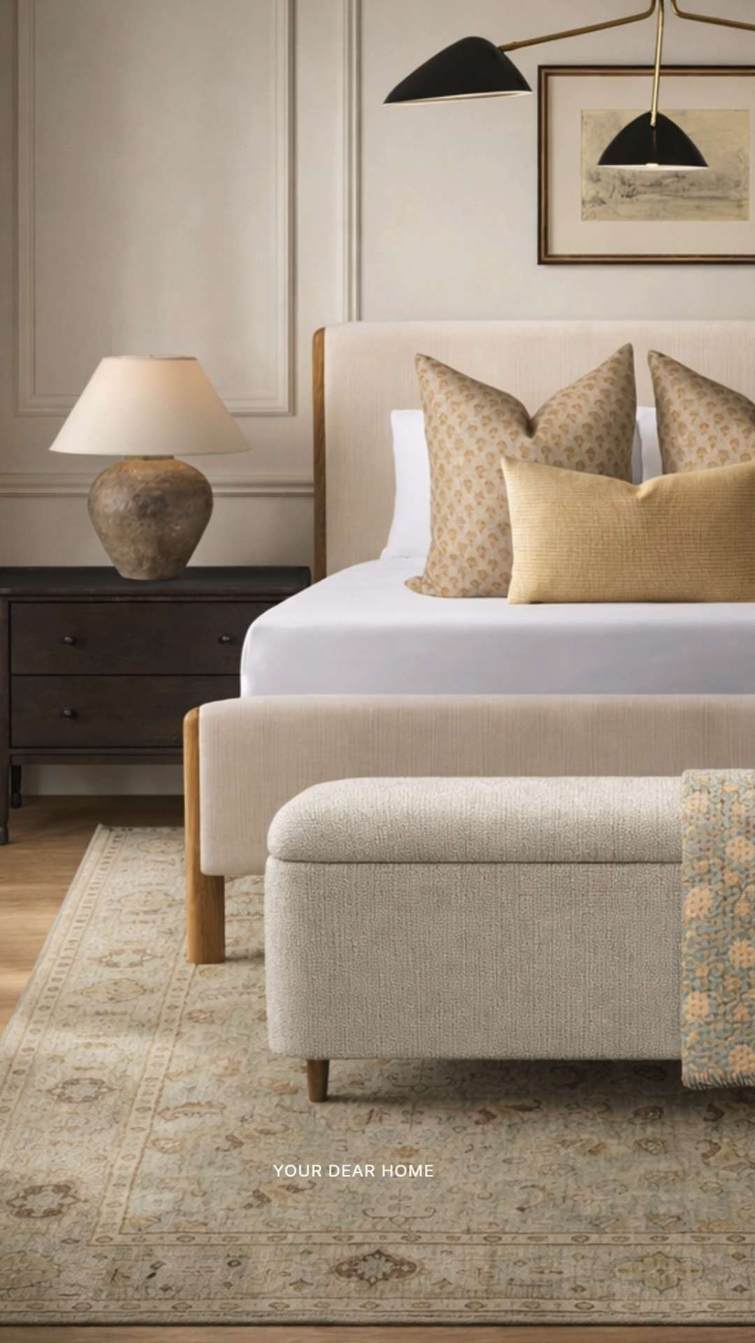 Warm neutral bedroom with soft beige tones, black accents, and classic shapes that add contrast while keeping the space calm, layered, and effortlessly high-end. 

 #LTKHome