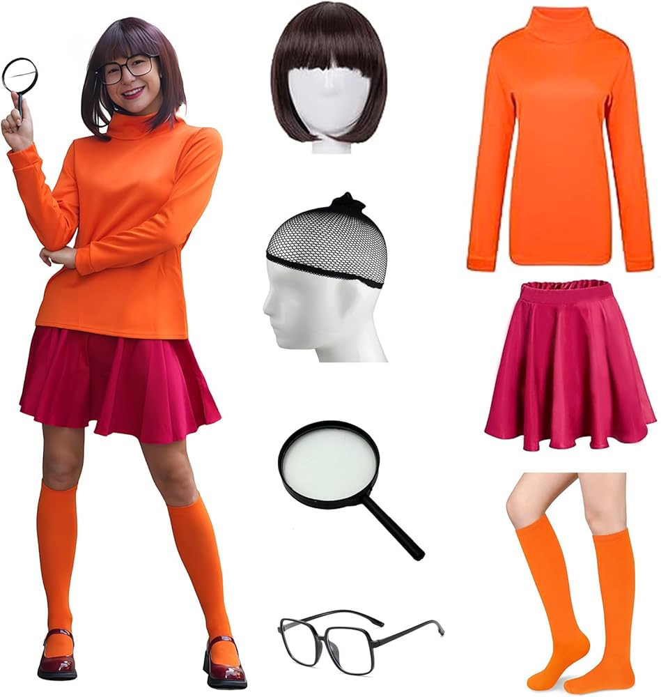 FIHCH Velma Costume Adult Orange Halloween Costumes Sexy Women Cosplay Set Red Skirt Socks with W... | Amazon (US)