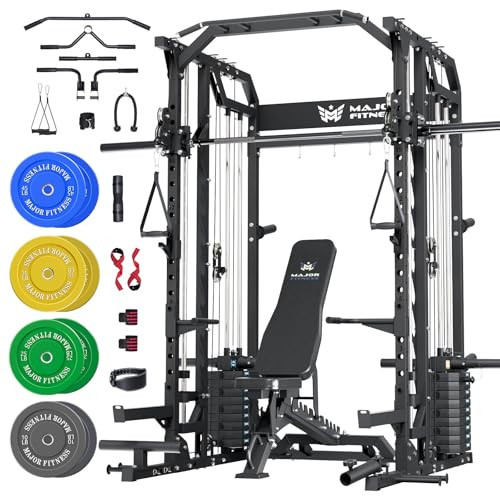 Major Fitness Drone2 Premium Smith△ Machine, All-in-One Home Gym Squat Rack with Aluminum Pulley Set, Weight Bar (BK D2AW Package(with Black Bench+230lb)) | Amazon (US)