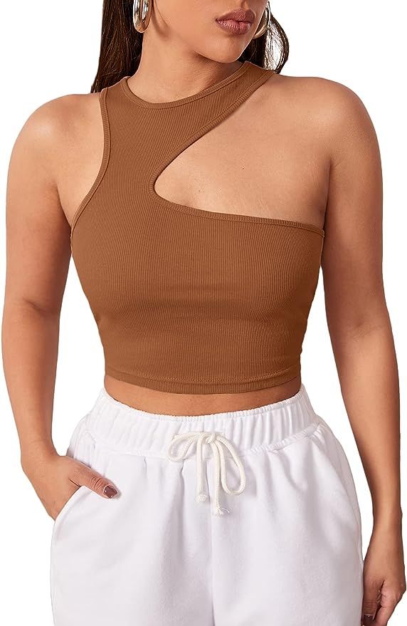 Verdusa Women's Asymmetrical Neck Sleeveless Slim Fitted Ribbed Crop Tank Top | Amazon (US)