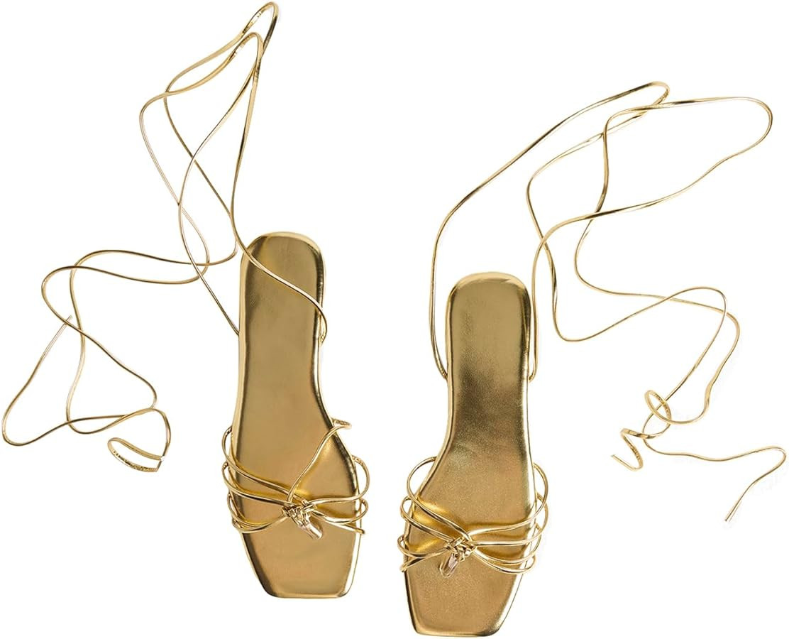 GORGLITTER Sandalias planas con cordones para mujer, sandalias de gladiador, correa al tobillo, p... | Amazon (US)
