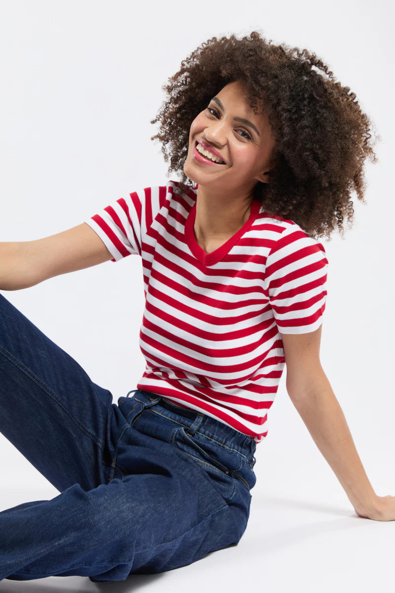 Shirt im Marine-Stil mit kurzen Ärmeln „Hillion - Baumwolle und Elasthan - Damen - Braise/Blan... | Armor-lux (DE)