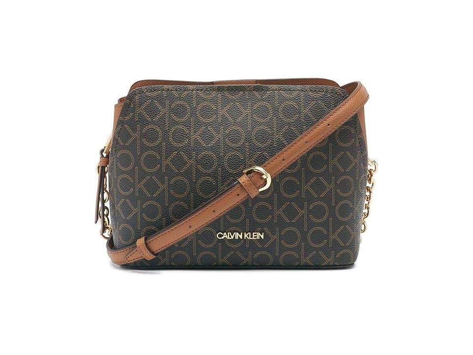 Calvin Klein Hailey Signature Triple Compartment Chain Crossbody Cross Body Women's Handbags Brown/Khaki/Caramel Linear, Synthetic | Zappos