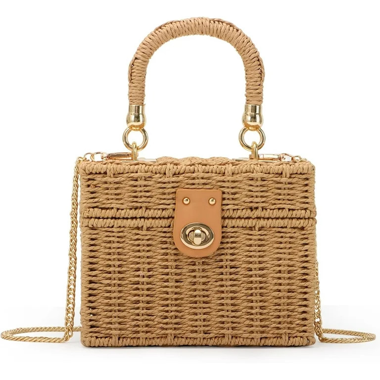 Women Handwoven Rattan Handbag Beach Straw Tote Bag Square Boho Crossbody Bag | Walmart (US)