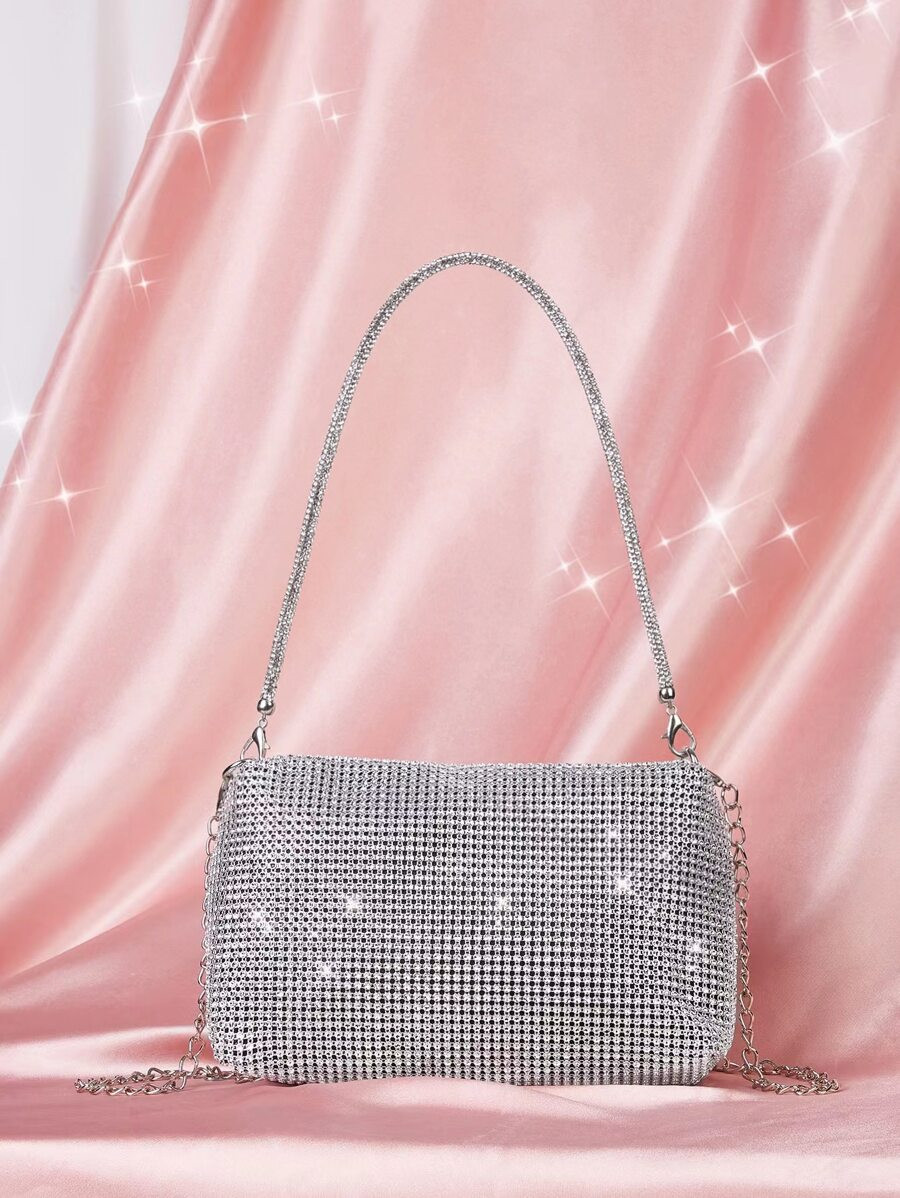 Glamorous Glitter Bling, Sequin, Luxury, Shiny Mini Rhinestone Decor Chain Square Bag Evening Bag... | SHEIN