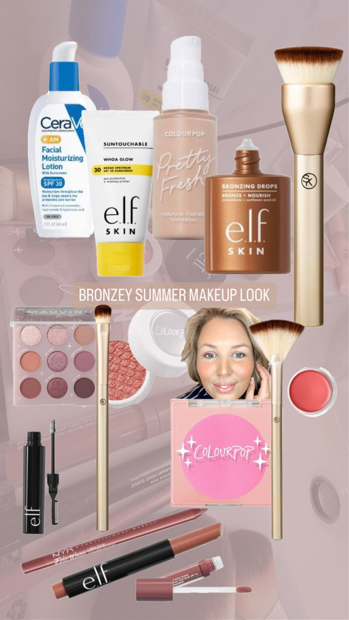 Makeup used for a BRONZEY look!

1. AM spf moisturizer
2. Whoa glow - SUNBEAM
3. Colourpop Foundation
4. Bronzing Drops - PURE GOLD
5. Putty Blush - CAPE CORAL
6. Powder Blush - PRAIRIE AIR
7. Highlighter - nose, chin, cheekbones
8. Eyeshadow - MAUVIN' UP
9. Eyeshadow - ROY G BIV
10. Eyeliner + Mascara
11. Eyebrow Pencil + Laminating Brow Gel
12. Lip Liner - DUSTY MAUVE eyeliner
13. Pout Clout - TOASTED
14. Sun Boss Gloss - IT'S YOUR MAUVE

#LTKFindsUnder50 #LTKBeauty #LTKBacktoSchool
