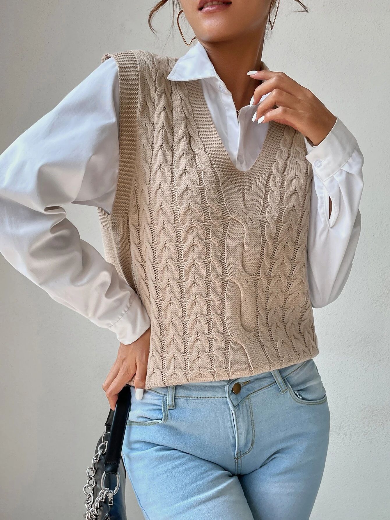 V Neck Cable Knit Sweater Vest | SHEIN