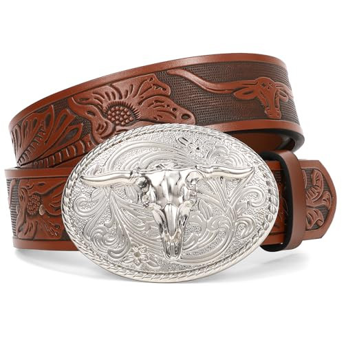 XZQTIVE Western Leather Belt for Men Women Cowgirl Cowboy Belt Country Belt Silver Buckle Tooled Leather Belt for Jeans | Amazon (US)