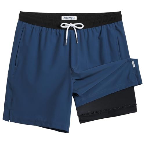 maamgic Mens Swim Trunks with Compression Liner 7 Inch Inseam Bathing Suit Quick Dry Swimming Trunks Swimsuit Beach Board Shorts with Zipper Pockets Blue Grey and Black Medium | Amazon (US)