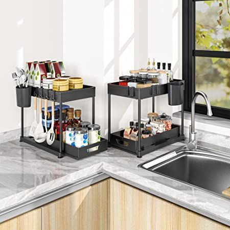 Fkprorjv Under Sink Organizers and Storage, 2 Pack Kitchen Bathroom Sink Organizer with Hooks, 2 ... | Amazon (US)