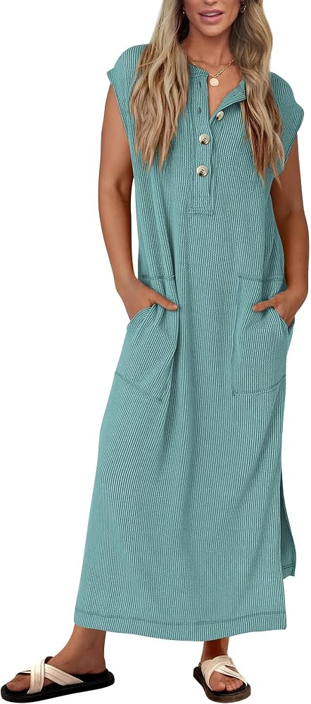 KIRUNDO Womens Summer Ribbed Knit Short Sleeve Maxi Dress | Amazon (US)