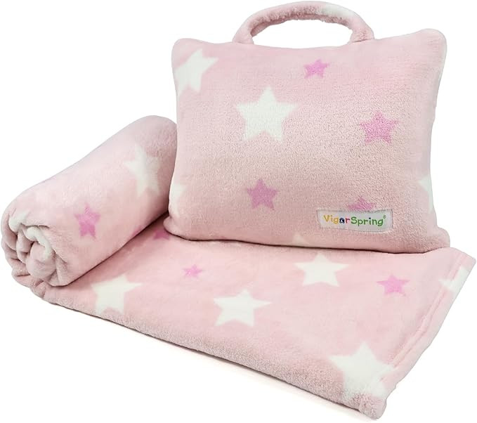 3-in-1 Kids Travel Blanket and Pillow Set - 40x60 Inches Soft Pink Star Design,Kids Travel Blanke... | Amazon (US)
